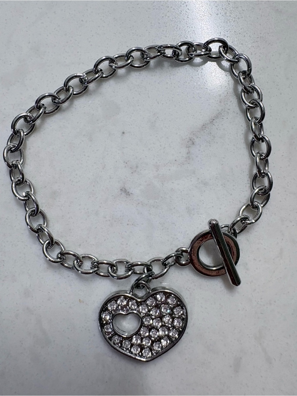 Y2K Silver Rhinestone Pavé Open Heart Toggle Clasp Bracelet